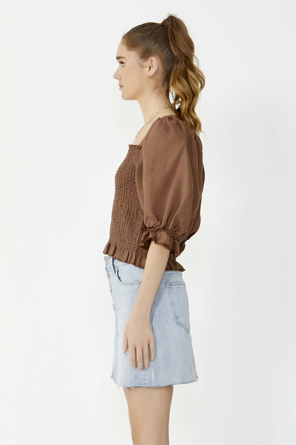 Sass Abby Shirred Linen Top in Chocolate