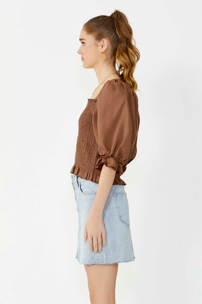 Sass Abby Shirred Linen Top in Chocolate