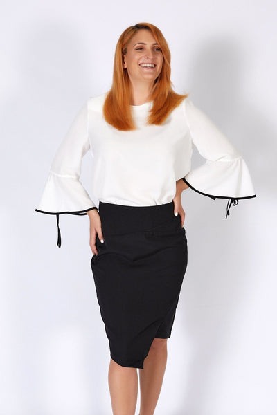 3RD Love Vivid White Bell Sleeved Top in Ivory with Black Trim - Hey Sara