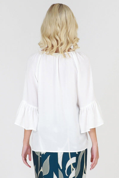 3RD Love Vivid White Lace Pleated Bell Sleeve Top in Ivory - Hey Sara