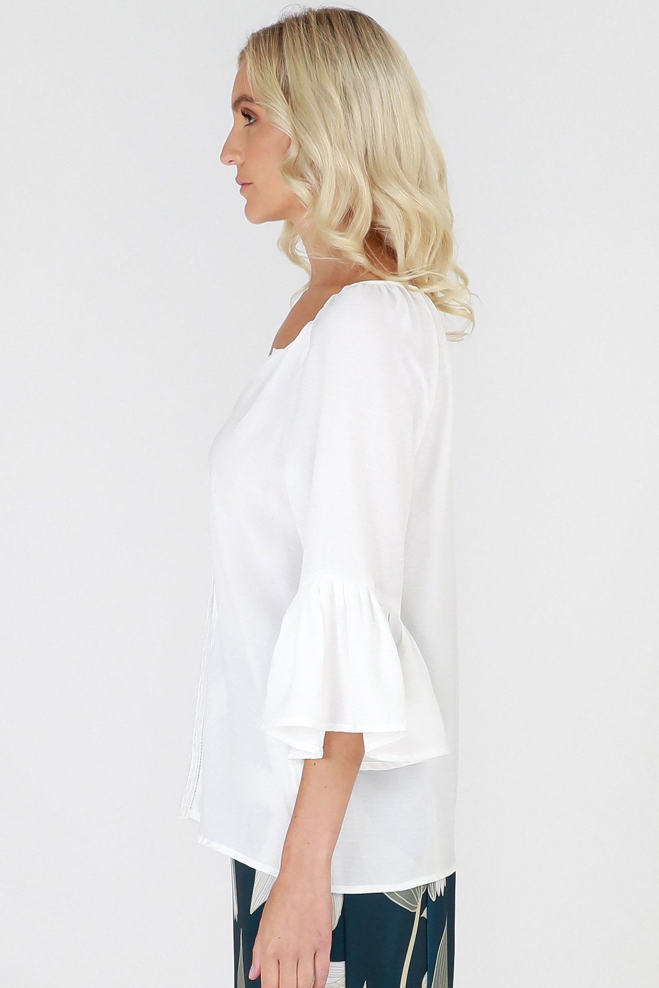 3RD Love Vivid White Lace Pleated Bell Sleeve Top in Ivory - Hey Sara