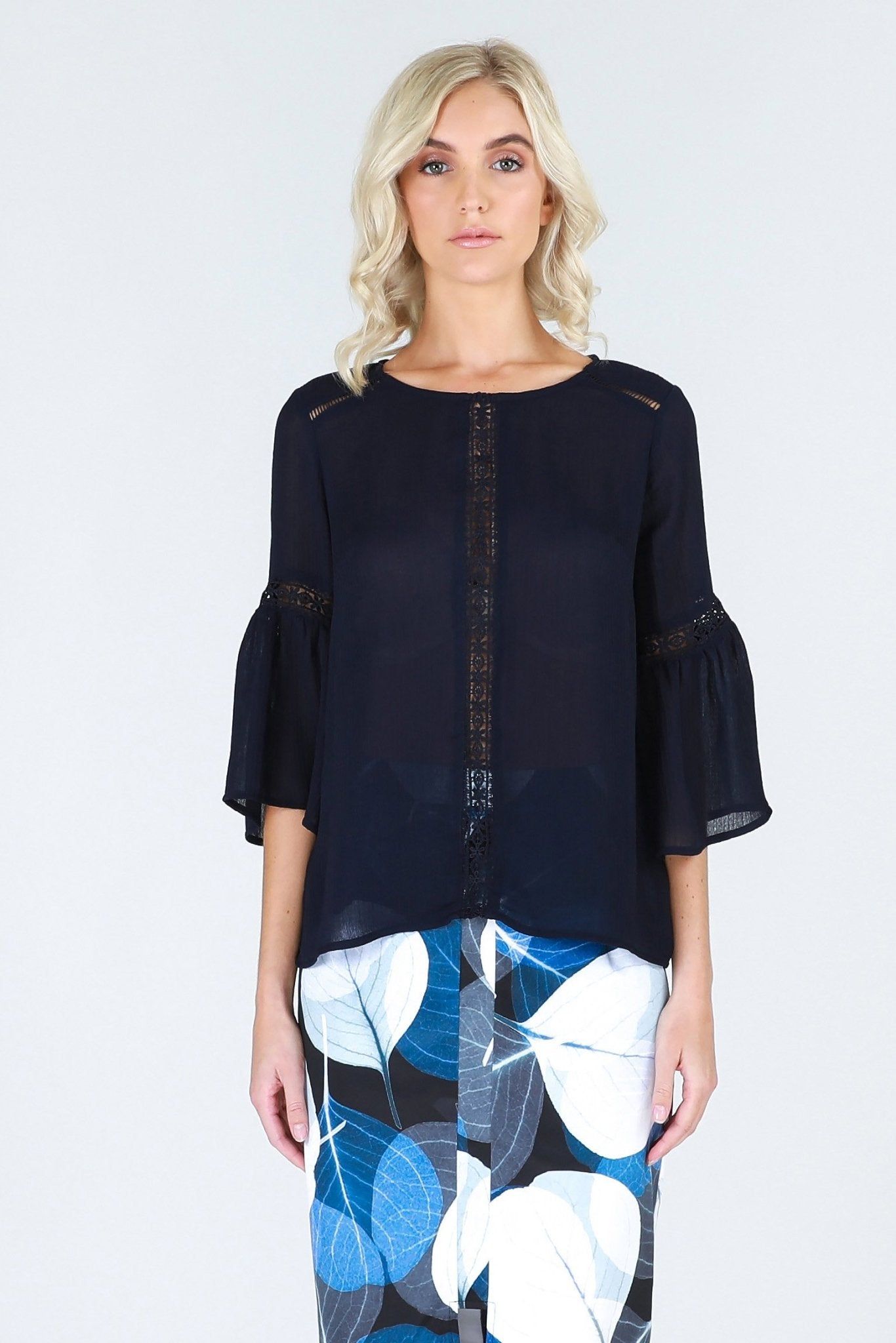 3RD Love Vivid Navy 3/4 Bell Sleeved Top with Lace Inserts - Hey Sara
