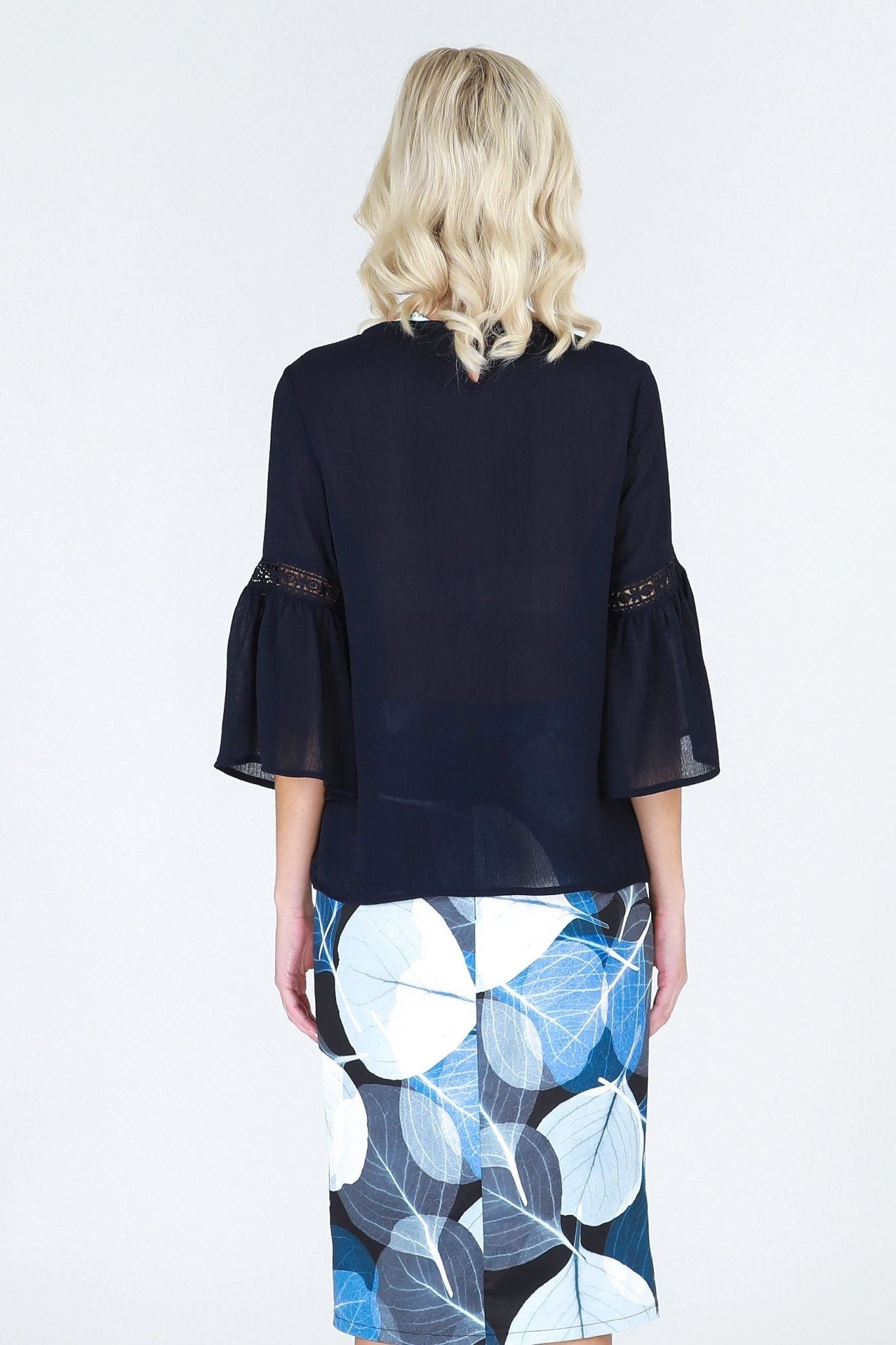 3RD Love Vivid Navy 3/4 Bell Sleeved Top with Lace Inserts - Hey Sara
