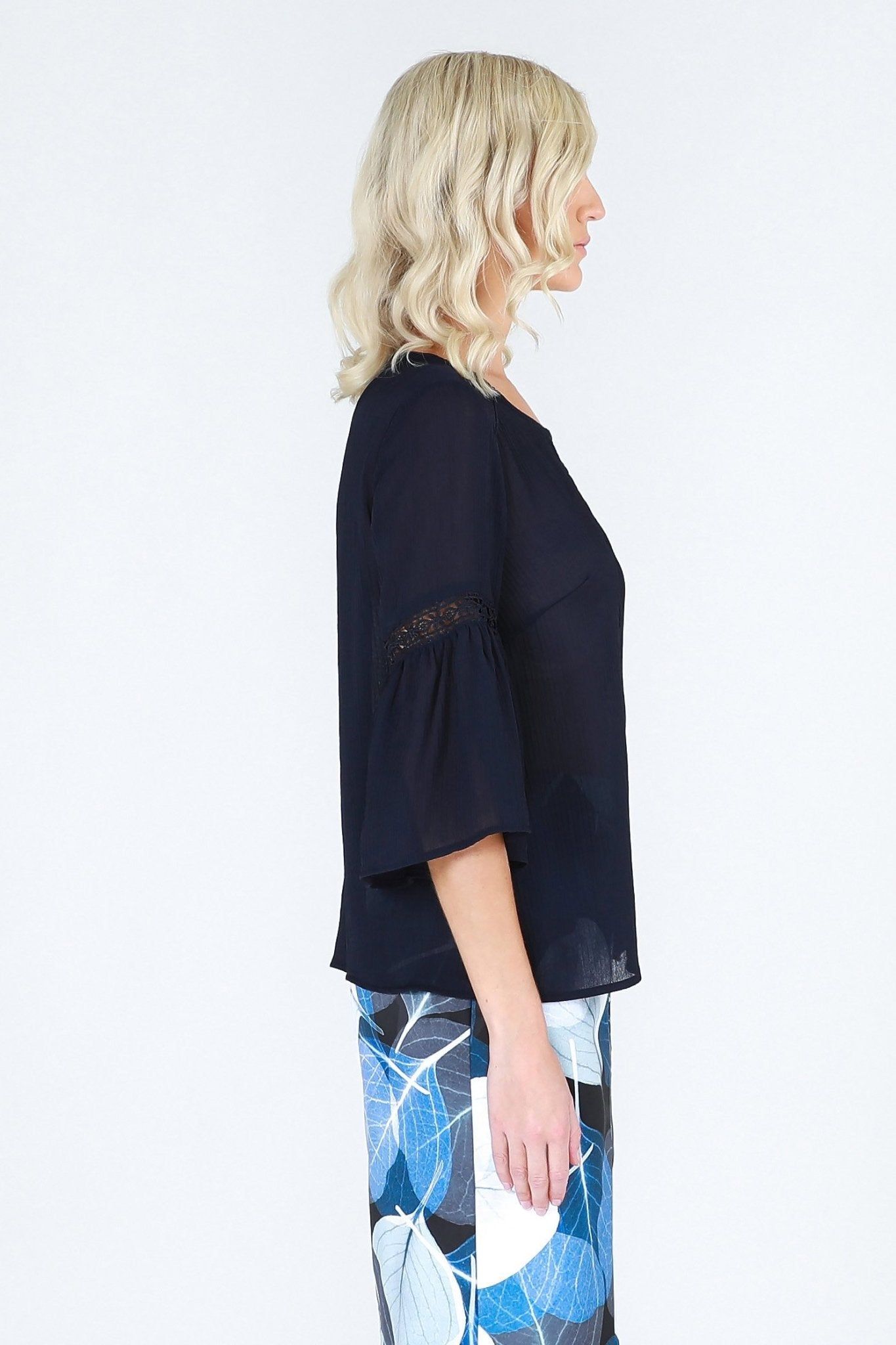 3RD Love Vivid Navy 3/4 Bell Sleeved Top with Lace Inserts - Hey Sara