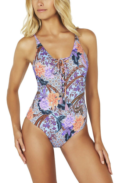 Baku Batika Beach Plunge Lace-up Maillot One Piece in Sky Blue Print - Hey Sara