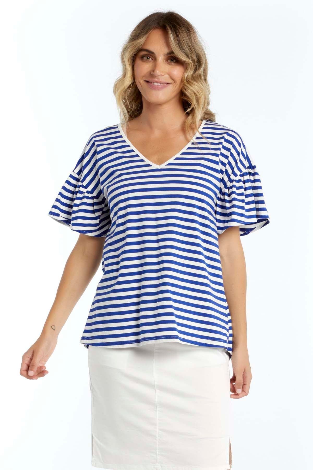 Betty Basics Alessi Frill Top in Iris Blue Stripe - Hey Sara