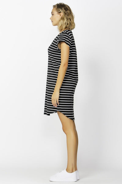 Betty Basics Ava V-Neck Mini Dress in Black with White Stripe - Hey Sara