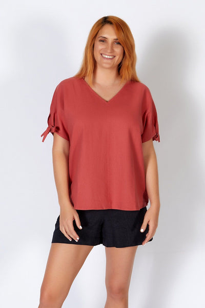 Betty Basics Avery Linen Tie Sleeve Top in Berry - Hey Sara