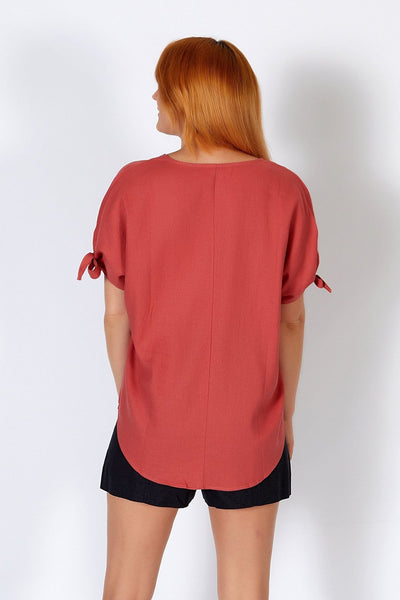 Betty Basics Avery Linen Tie Sleeve Top in Berry - Hey Sara
