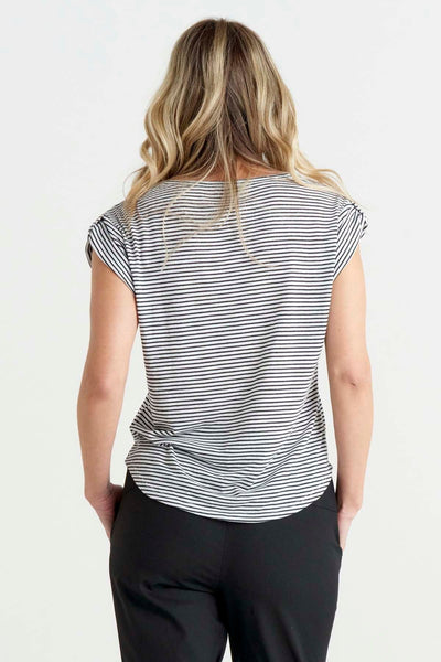 Betty Basics Gemma Roll Cuff Top in Black White Stripe - Hey Sara