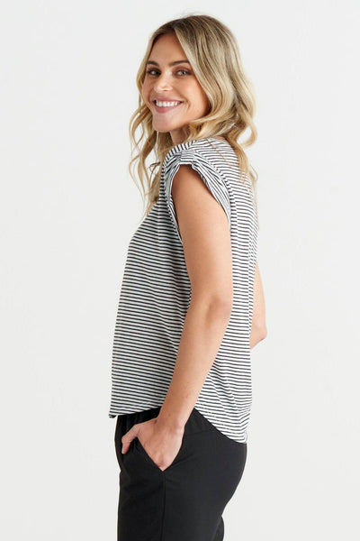 Betty Basics Gemma Roll Cuff Top in Black White Stripe - Hey Sara