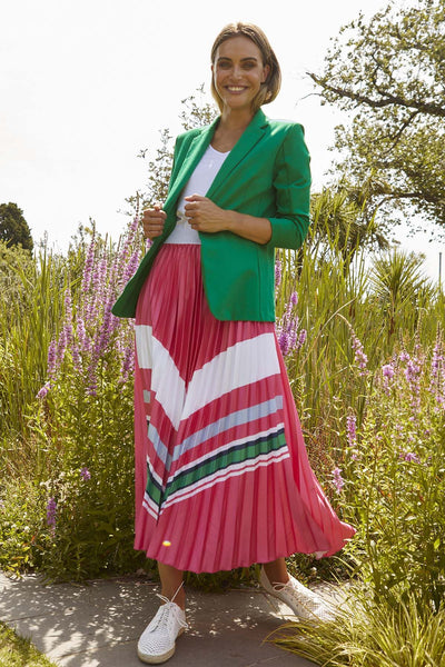 Betty Basics Kit Pleated Midi Skirt in Pink Chevron - Hey Sara