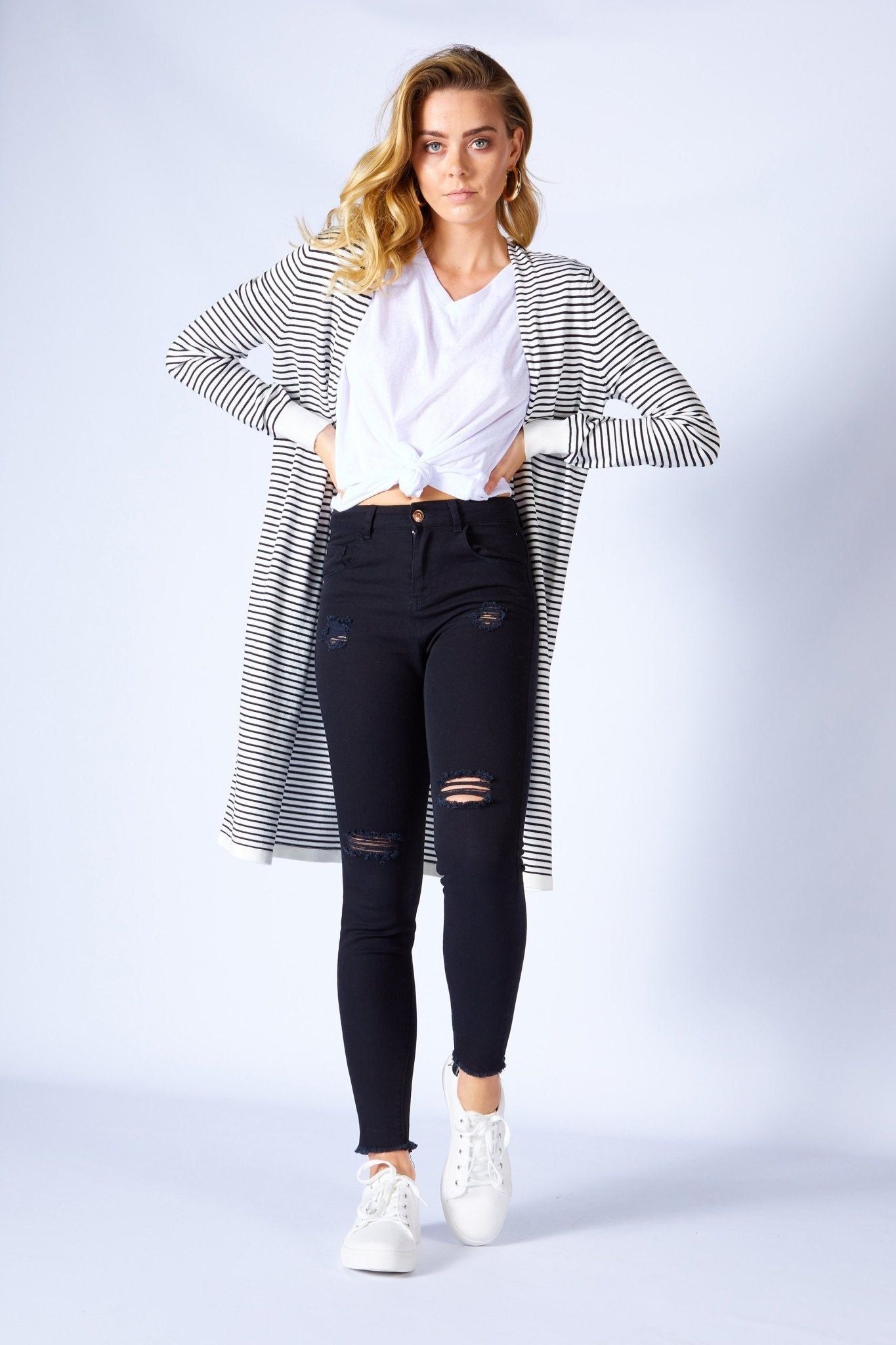 Betty Basics Leah Knit Cardigan in White Black Stripe - Hey Sara