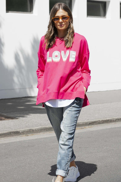 Betty Basics Poppy Sweater in Fuchsia with Love Print - Hey Sara