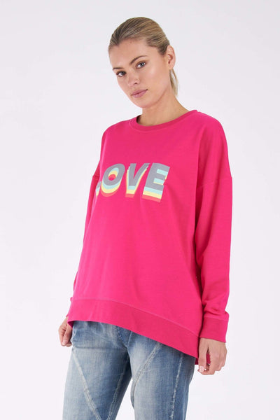 Betty Basics Poppy Sweater in Fuchsia with Love Print - Hey Sara