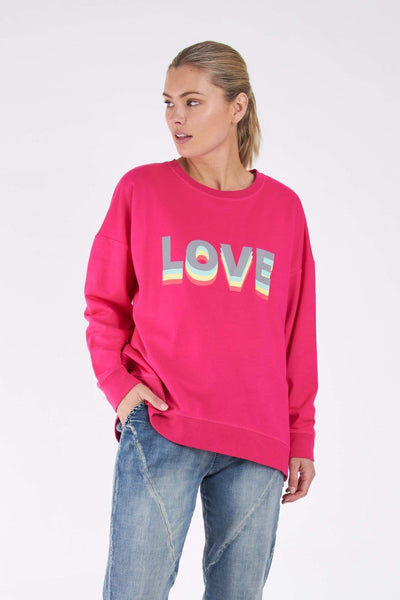 Betty Basics Poppy Sweater in Fuchsia with Love Print - Hey Sara