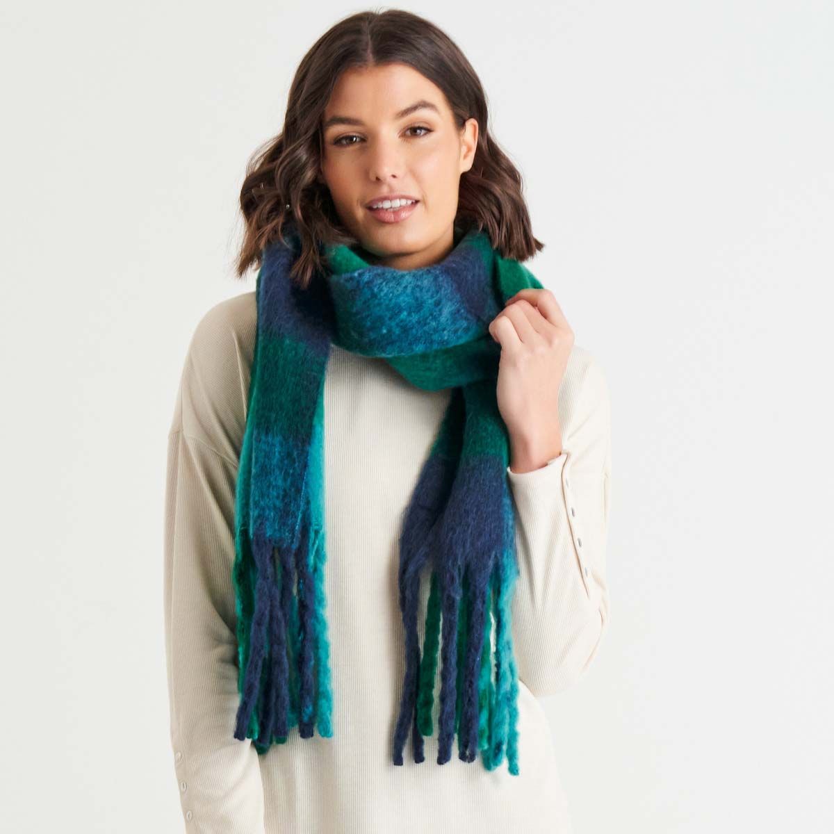 Betty Basics Lillian Fluffy Scarf in Green / Blue Check - Hey Sara