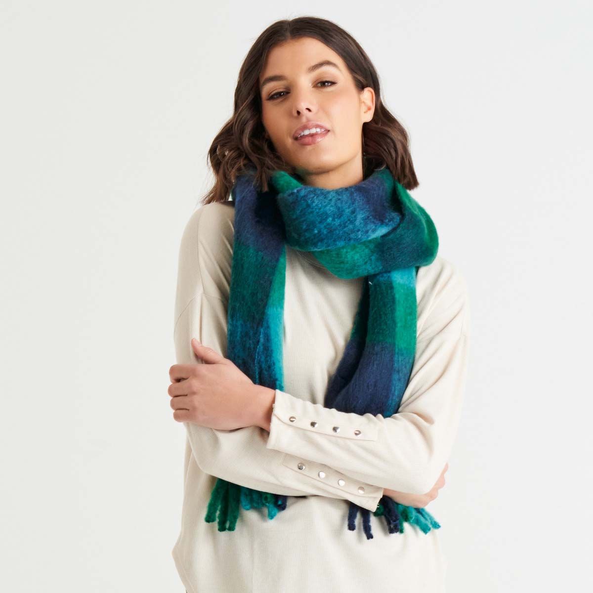 Betty Basics Lillian Fluffy Scarf in Green / Blue Check - Hey Sara