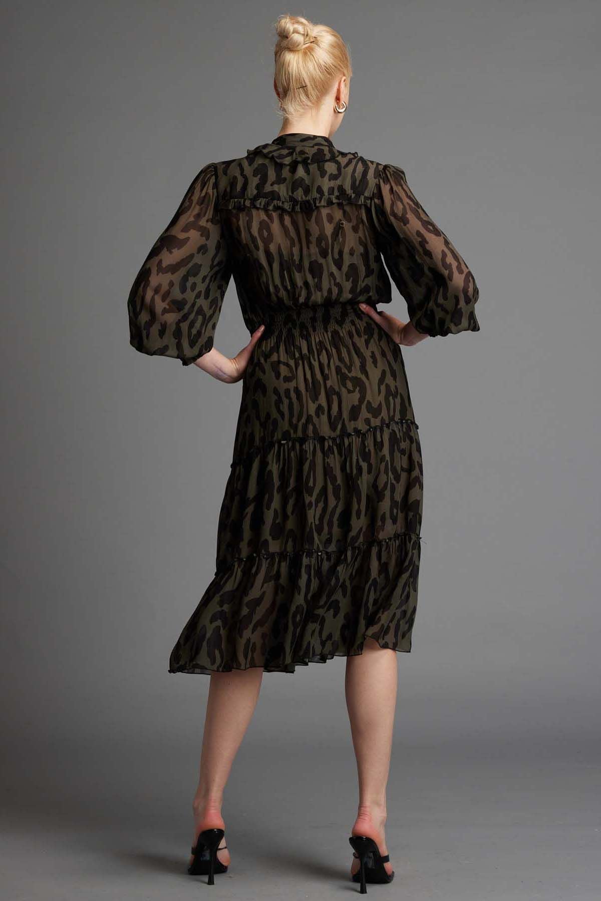 Fate + Becker Dreaming Frill Neck Midi Dress in Khaki Animal - Hey Sara