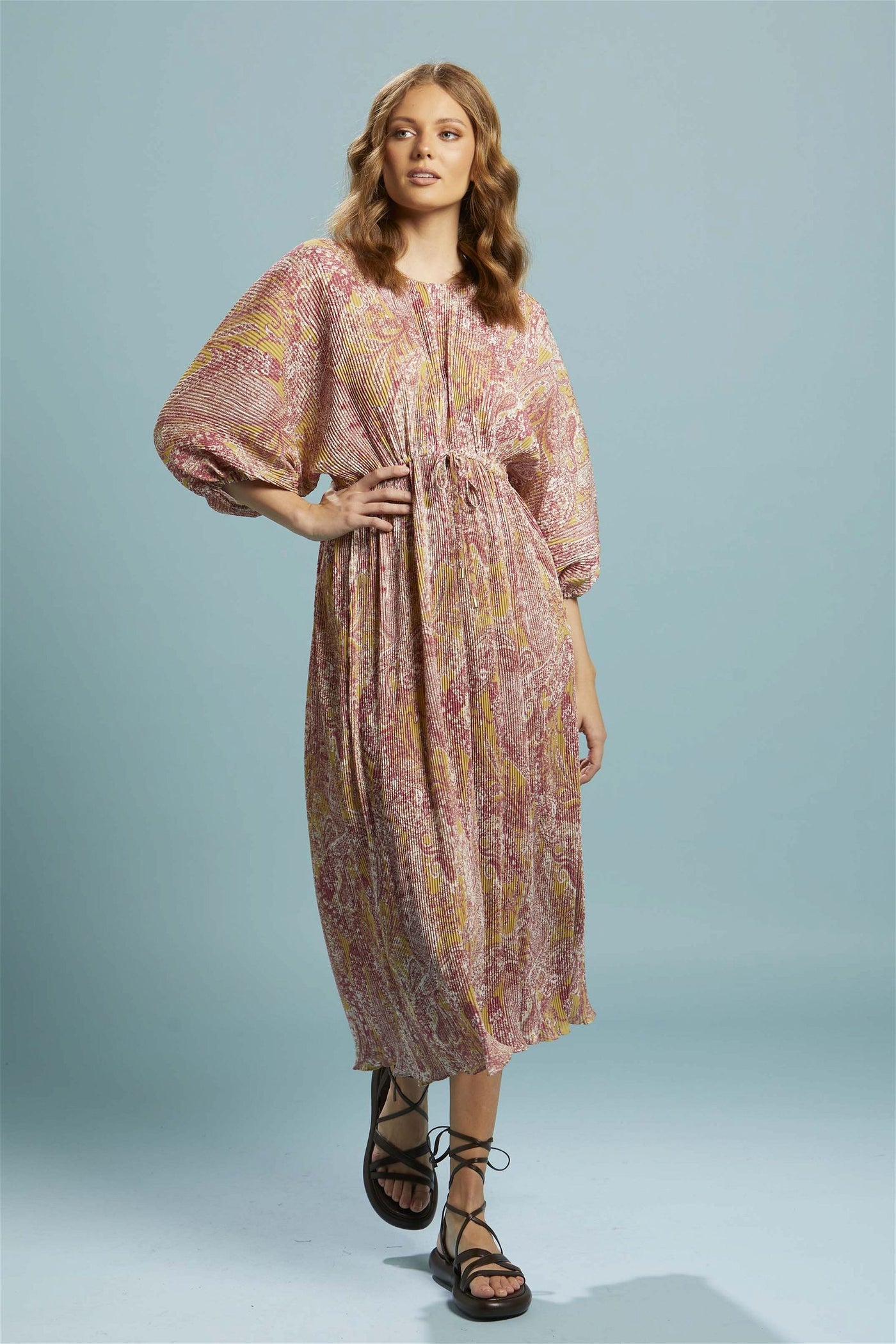 Fate + Becker First Move Pleated Midi Dress in Golden Paisley - Hey Sara