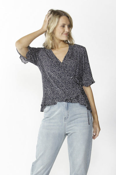 Fate + Becker Lisbon Wrap Top in Navy Polka Dot - Hey Sara